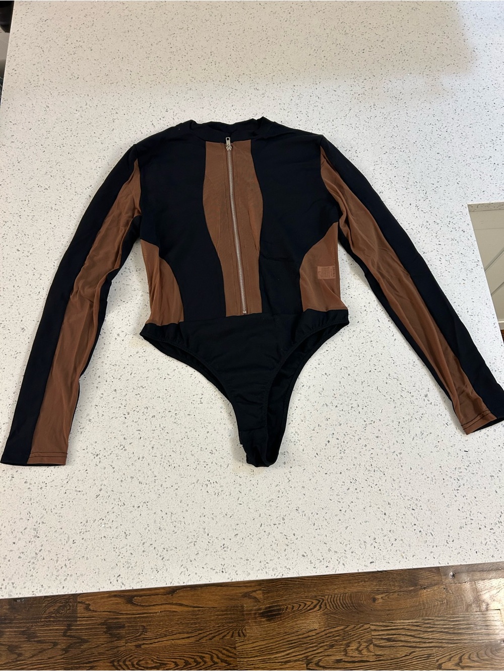 Akira Women’s Long Sleeve Colorblock One-Piece mesh bodysuit - Black & Brown